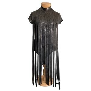 NWT Gold Heart Mood Top Womens XL Black Metallic Fringe Festival Dance Bodysuit